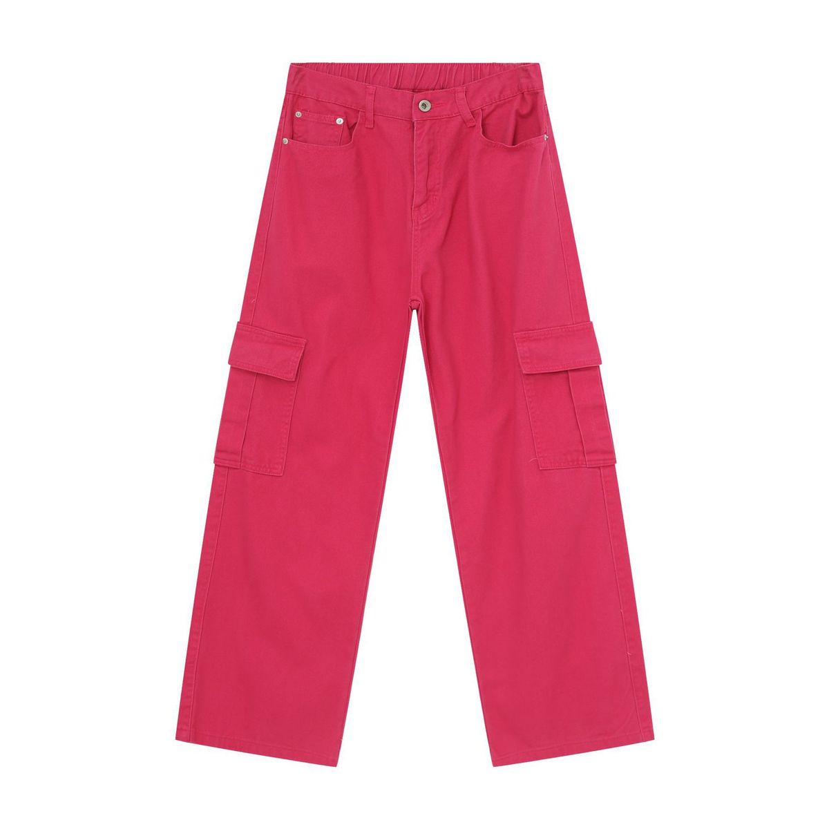 EF JEANS | 2024 New Retro Simple Big Pocket Color Semi-elastic Waist Overalls Rose Red Jeans_mkmklike.com