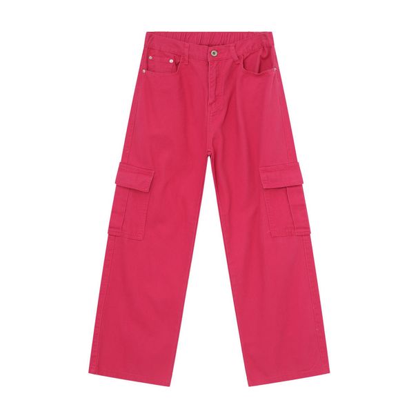 EF JEANS | 2024 New Retro Simple Big Pocket Color Semi-elastic Waist Overalls Rose Red Jeans_mkmklike.com