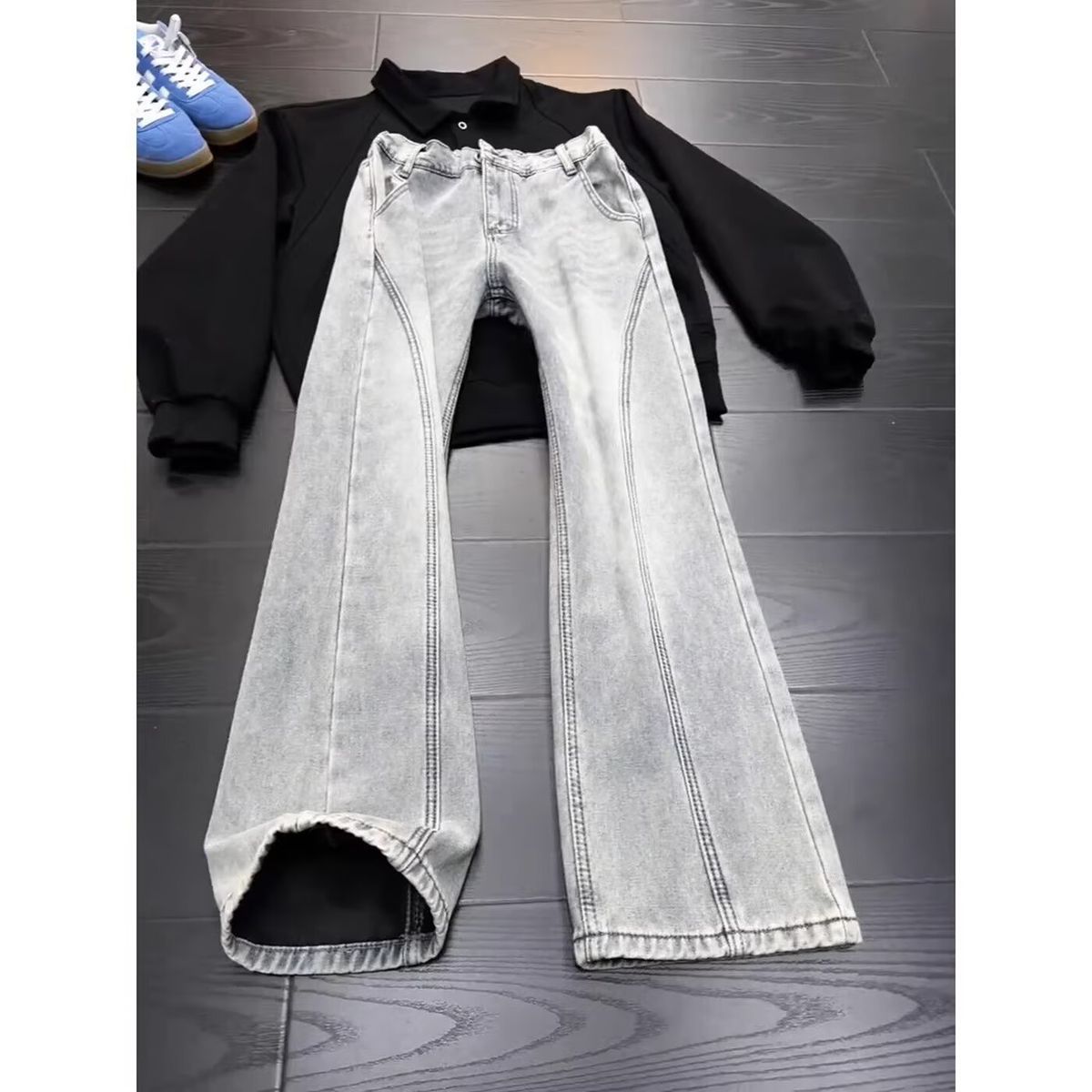 Men's Slim Fit Diagonal Cut Jeans Trendy High Street American Retro Style Mid Waist Slightly Stretchy Straight Pants_mkmklike.com