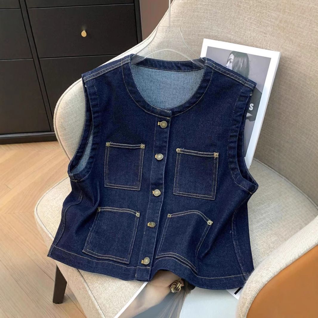 Vintage Denim Vest For Women, Casual Sleeveless Jacket With Button Front, Lightweight Summer Layering Piece, Slim Fit Waistcoat In Dark Blue_mkmklike.com