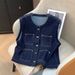 Vintage Denim Vest For Women, Casual Sleeveless Jacket With Button Front, Lightweight Summer Layering Piece, Slim Fit Waistcoat In Dark Blue_mkmklike.com