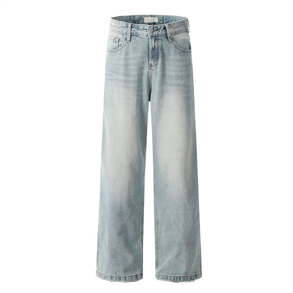 Washed Jeans Men's Versatile Straight Long Street Fashion American Style Distressed Loose Wide-Leg Dad Pants_mkmklike.com