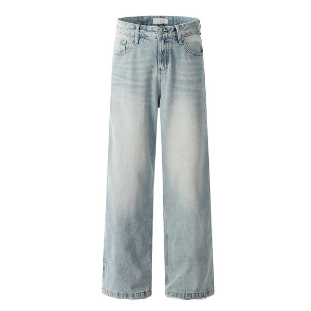 Washed Jeans Men's Versatile Straight Long Street Fashion American Style Distressed Loose Wide-Leg Dad Pants_mkmklike.com