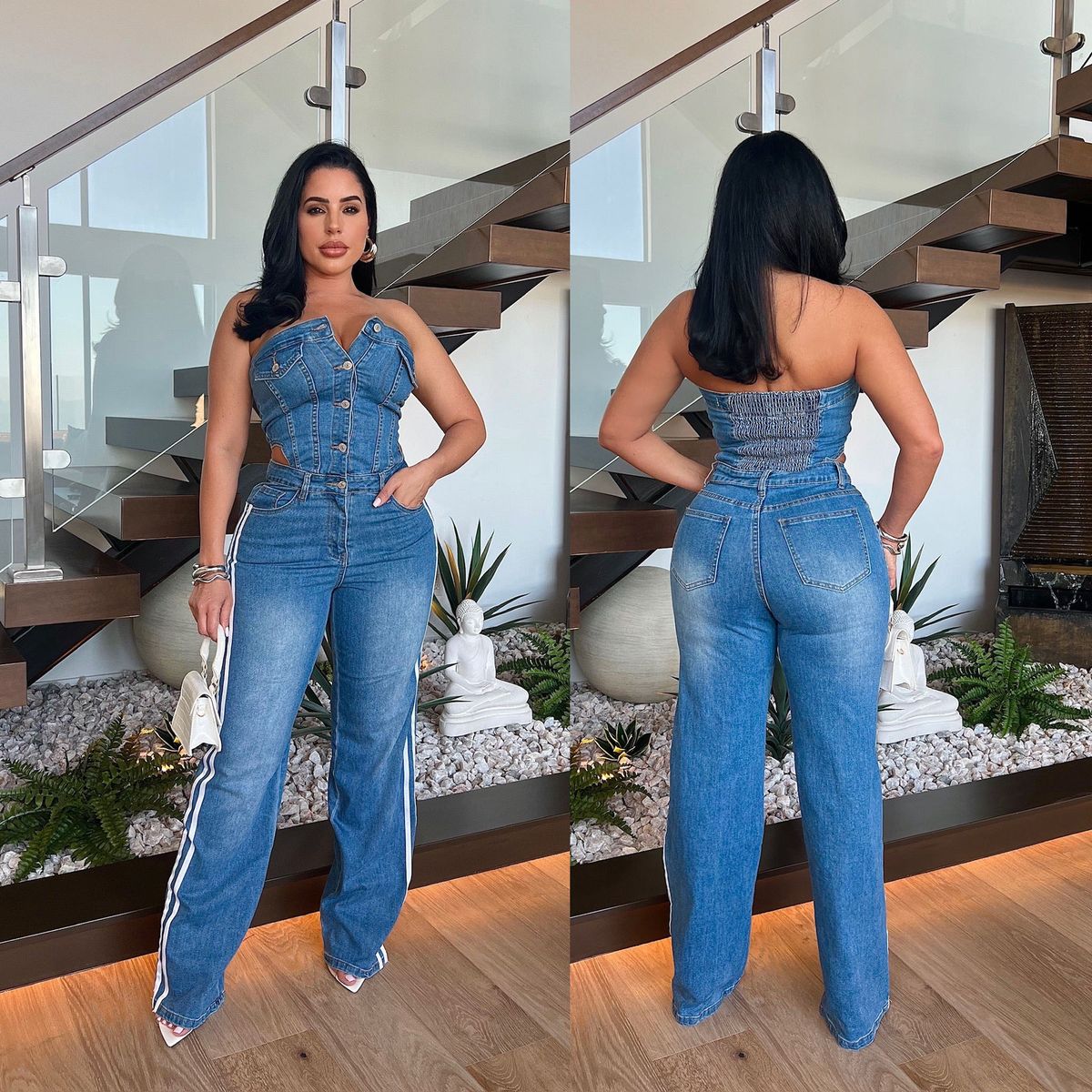 Women's Clothing Tube Top One Shoulder Slim Straight Wide Leg Denim Jumpsuit_mkmklike.com