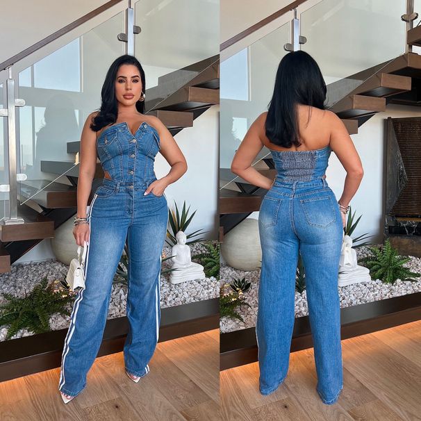 Women's Clothing Tube Top One Shoulder Slim Straight Wide Leg Denim Jumpsuit_mkmklike.com