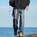 Woven Washed Black Gray Flared Jeans For Men, Spring Autumn American Retro Midline Straight Pants, Cool And Stylish_mkmklike.com