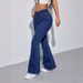 TK182 Women's Dark Blue Stretch Crossover V Waist Slightly Flared Jeans Hip Lifting Flared Pants European American Style Hot Girl_mkmklike.com