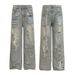 American High Street Design Sense Washed Ripped Jeans Men's Loose Straight Trendy Brand Fried Street Beggar Micro-pull Pants_mkmklike.com