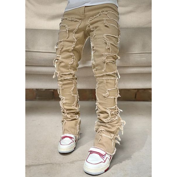 Men's Patchwork Stretch Jeans – Trendy Layered Straight-Leg Design, Light Blue/Pink/Khaki/Black, Comfort Fit (S-XXL)_mkmklike.com