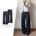 14oz Black Striped Raw Denim Jeans – Vintage Washed Straight-to-Flare Wide Leg Pants (S-XL, 80% Cotton, Retro A-Line Silhouette)_mkmklike.com