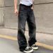 Men's Retro Washed Distressed Black Jeans High Street Style Loose Straight Leg Casual Pants Fashion_mkmklike.com