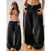 Women's High Waist Retro Washed Denim Jeans - Loose Fit Wide Leg Floor Length Pants For Summer & Casual Wear_mkmklike.com