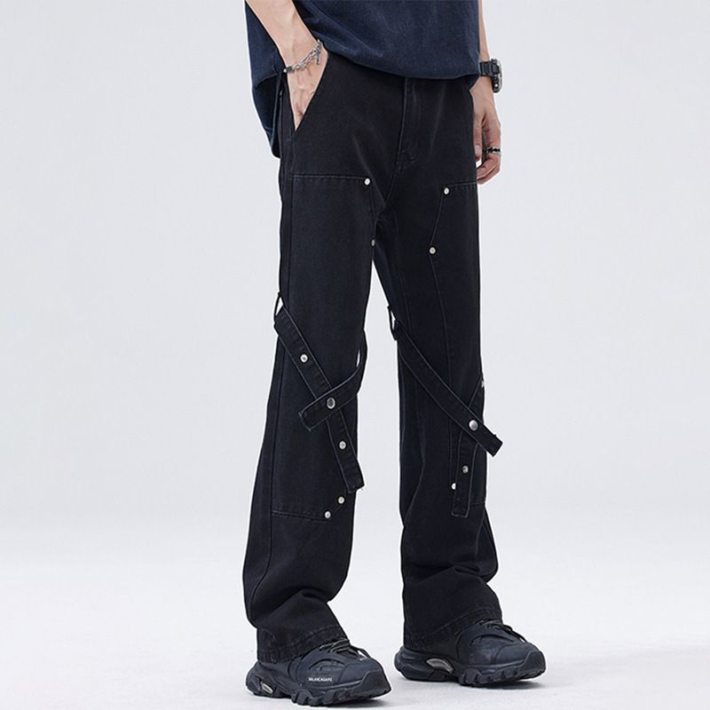Nordmann European American High Street Vibe Jeans Men, Trendy Design With Straps, Logging Pants, Loose Straight Casual Pants For_mkmklike.com