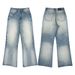 Vintage Washed Blue Gradient Jeans – Distressed Straight-Leg Bell Bottom Denim Pants With Cat Whisker & Fading Details ( Non-Stretch, S-3XL)_mkmklike.com