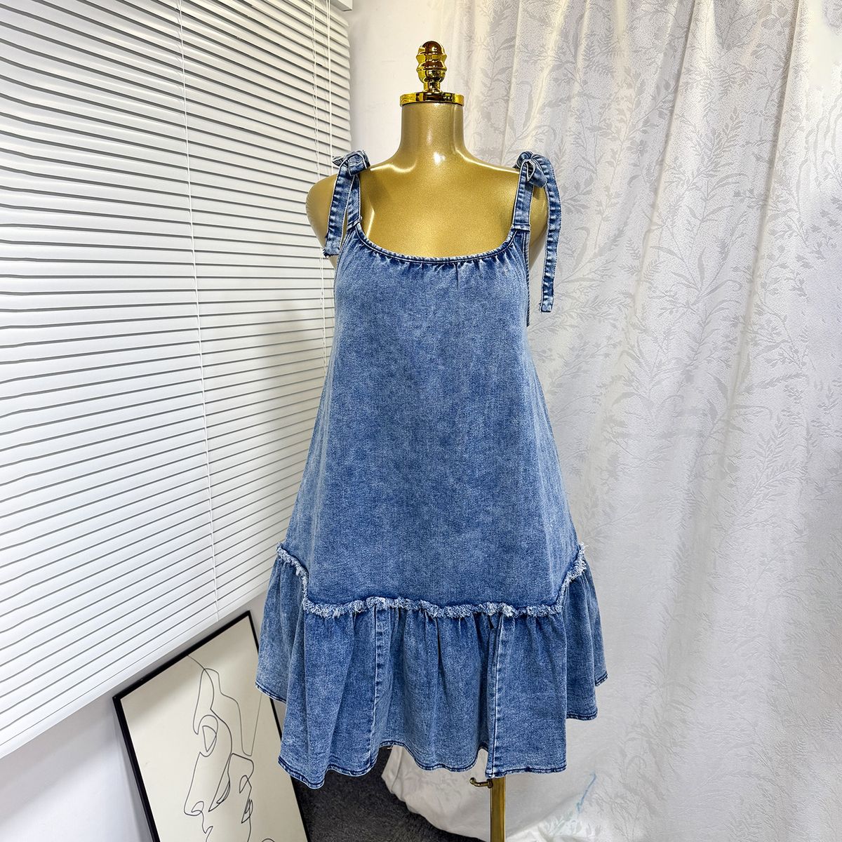 Trendy Patchwork Tie-Up Denim Mini Dress – Stylish A-Line Summer Dress With Straps For Women_mkmklike.com