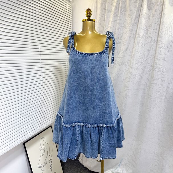 Trendy Patchwork Tie-Up Denim Mini Dress – Stylish A-Line Summer Dress With Straps For Women_mkmklike.com