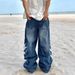 Men's Clothing Vintage Washed High Street Jeans For Men & Women | Retro Tribal Print | Straight-Leg Wide Pants | Cotton Comfort (S-XXXL, Blue)_mkmklike.com