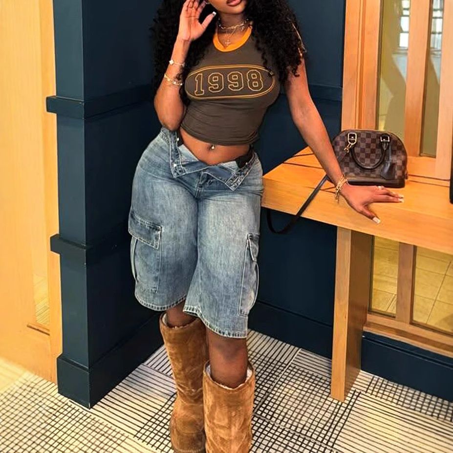 5591 European And American Cross-border New Trendy Hot Girl Women's Shorts, Loose Elastic Denim Cargo Pants Wholesale_mkmklike.com