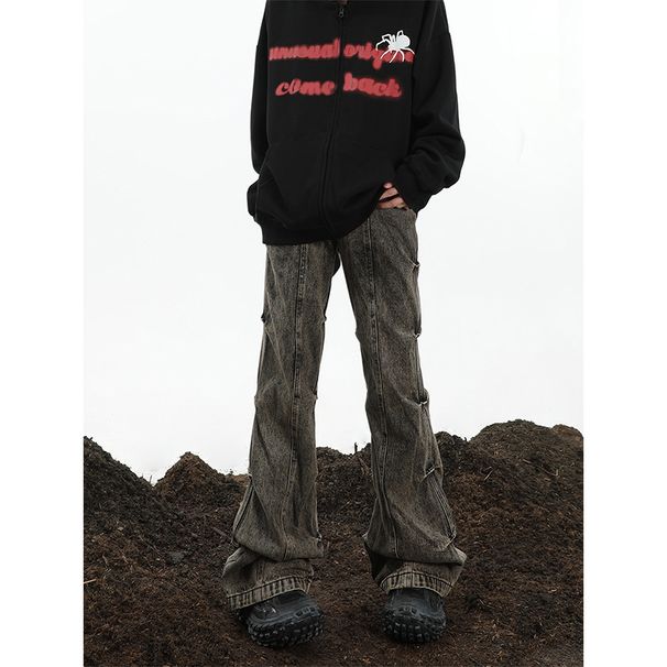 Nordmann Men's Flared Jeans American Style Side Ruched Vintage Casual Pants High Street Loose Straight Floor-Length Trousers_mkmklike.com