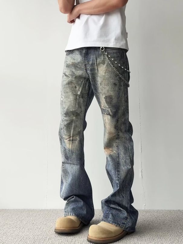 3D Printed Jeans – Digital Print Low-Rise Bootcut Denim Pants With Vintage Wash_mkmklike.com