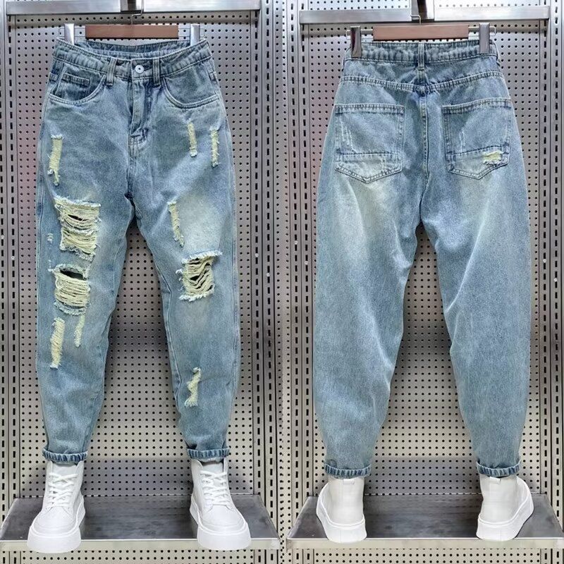 Men's Clothing Men's Slim Fit Ripped Jeans Straight Leg Casual Harem Pants Lightweight Versatile Cropped Summer Style Trendy Cool_mkmklike.com