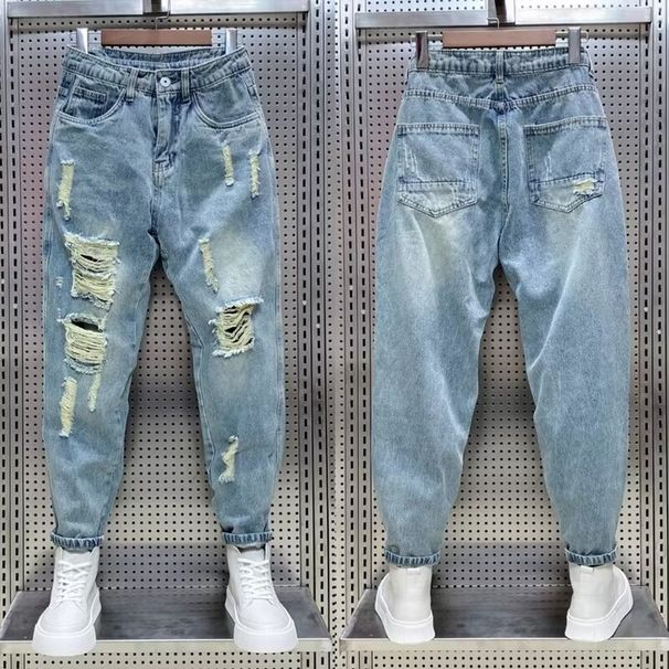 Men's Clothing Men's Slim Fit Ripped Jeans Straight Leg Casual Harem Pants Lightweight Versatile Cropped Summer Style Trendy Cool_mkmklike.com