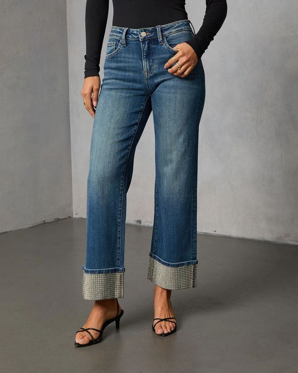Women's Clothing Fashionable Casual Straight Leg Jeans Rhinestone Washed_mkmklike.com