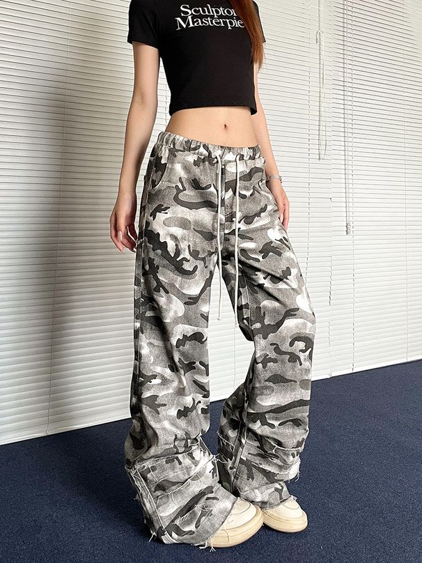 Women's Clothing Retro Camouflage Paratrooper Pants Ins Street Loose Design Micro Flared Workwear Trousers_mkmklike.com