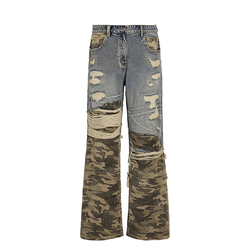 Camouflage Patchwork Ripped Jeans 2025 New Style Street Fashion Design, Loose Straight Leg Pants For Men_mkmklike.com