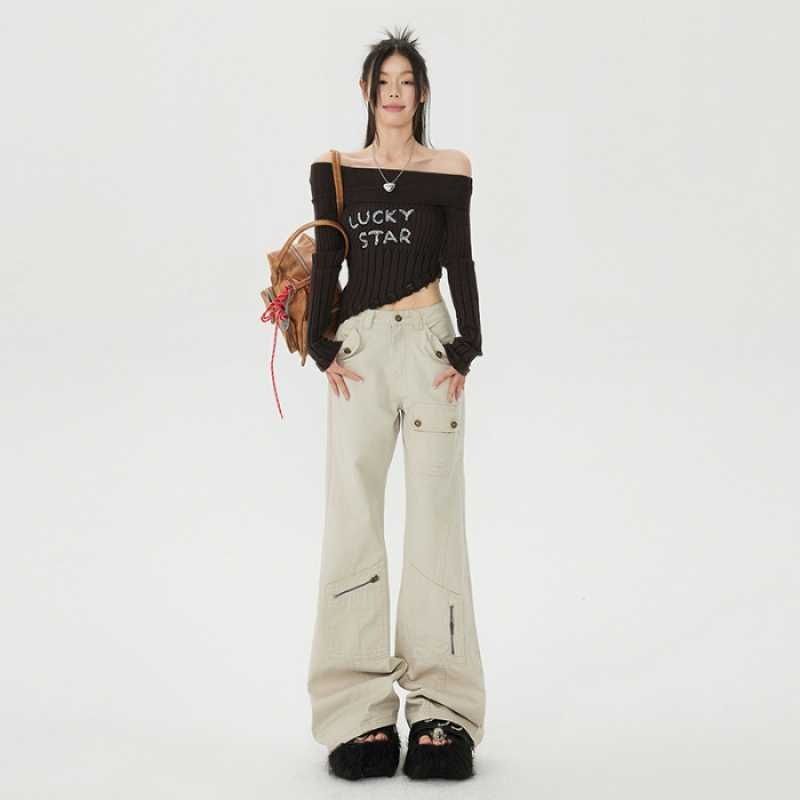 Autumn And Winter American-style Design Multi-pocket Flared Straight High-waisted Women's Jeans, Floor-length Cargo_mkmklike.com