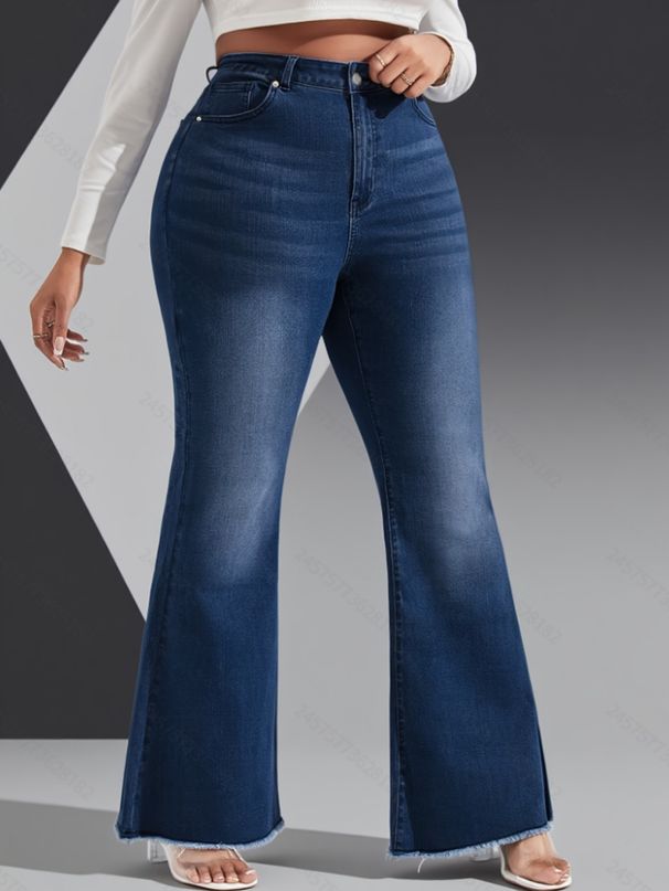 Plus Size Flared Jeans For Women - High Waist Vintage Bootcut Pants With Distressed Wash & Functional Pockets_mkmklike.com