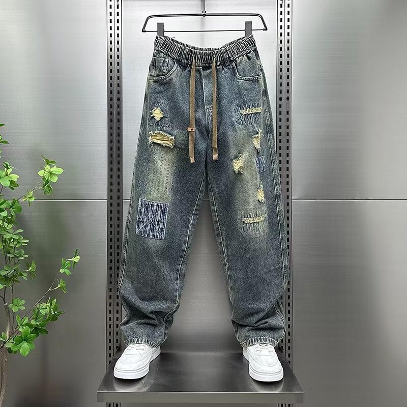 Trendy Brand American Design Sense Ripped Jeans Men's Autumn Trend Ruffian Handsome Retro Patch Cloth Loose Straight Pants_mkmklike.com