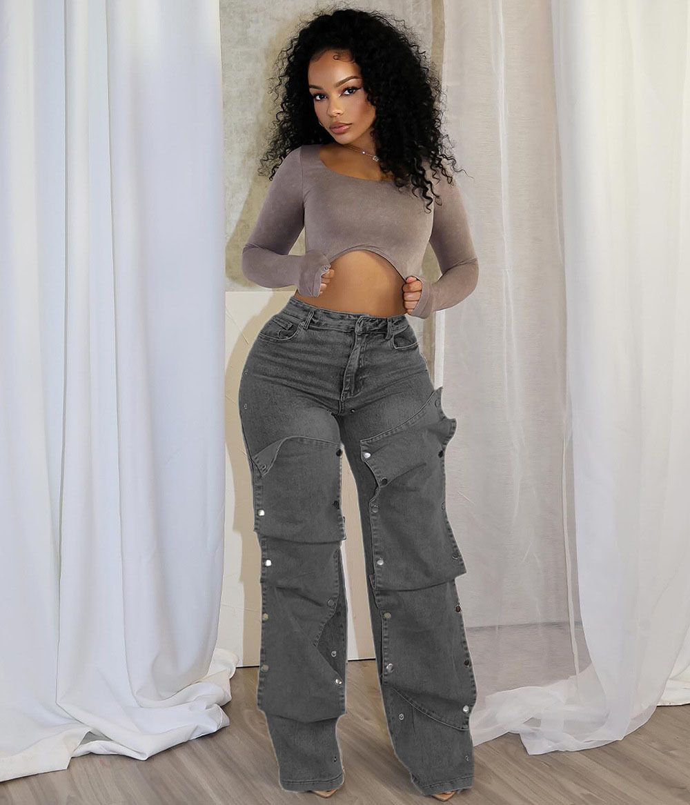 "Button-Front Relaxed Denim Pants - Decorative Stitching & Loose Fit (Blue/Light Blue/Dark Gray, S-XXL)"_mkmklike.com