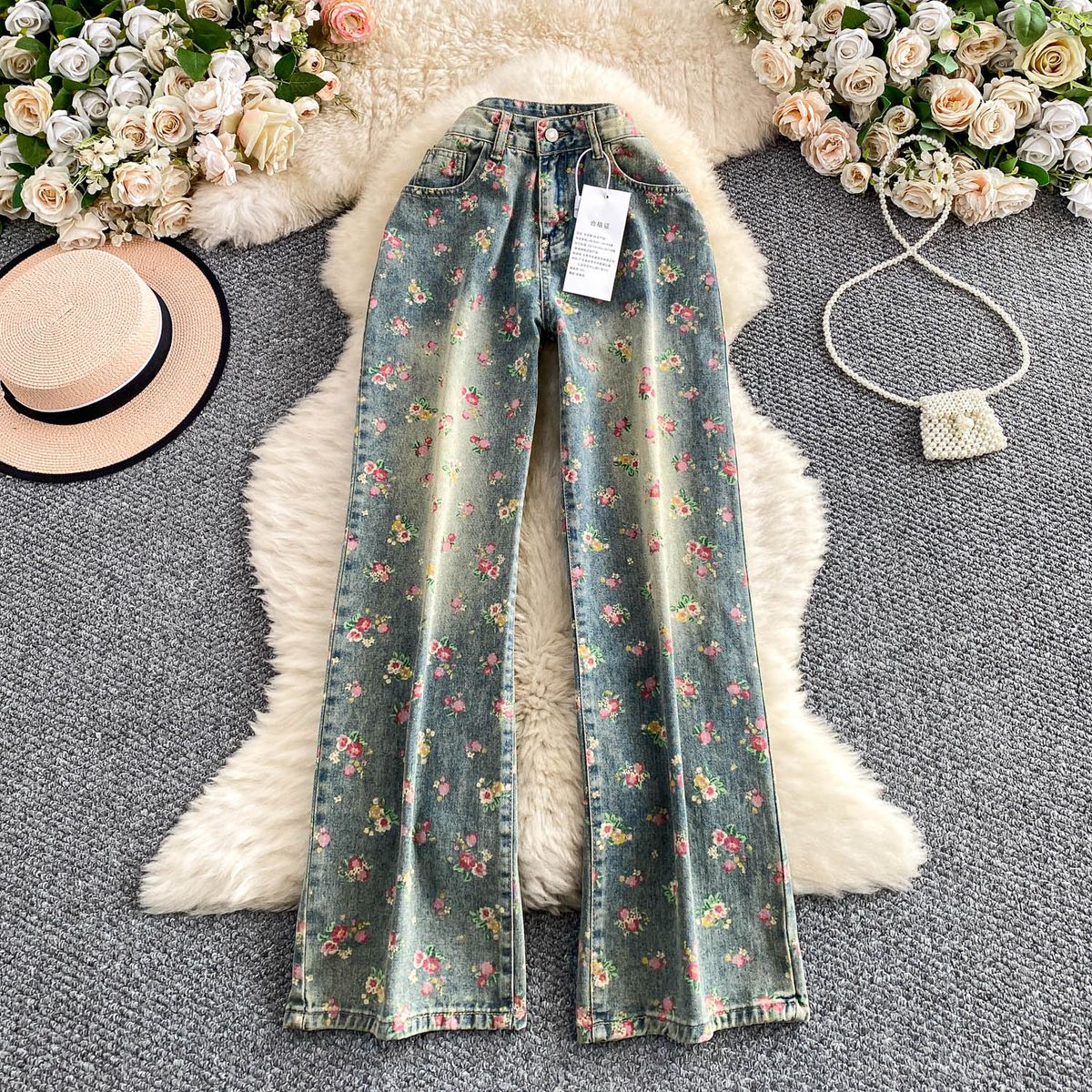High-Waisted Flared Jeans For Petite Women – American Retro Floral Print Denim Pants (Light Blue) | Chic & Stretch-Free Wide-Leg Fit_mkmklike.com
