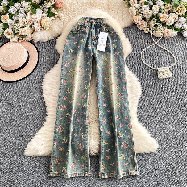 High-Waisted Flared Jeans For Petite Women – American Retro Floral Print Denim Pants (Light Blue) | Chic & Stretch-Free Wide-Leg Fit_mkmklike.com