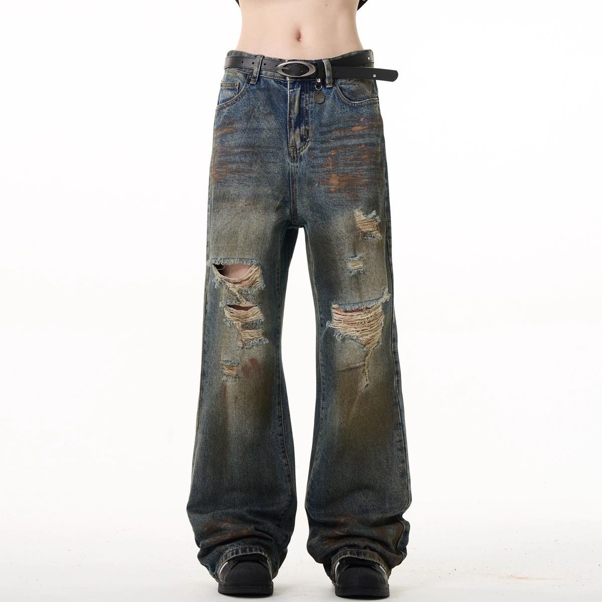 Men's Distressed Vintage Washed Jeans - Post-Apocalyptic Streetwear Denim Pants With Ripped Details, Loose Fit Vibe Casual Trousers_mkmklike.com