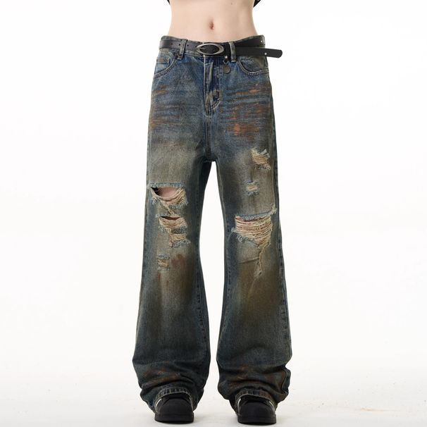 Men's Distressed Vintage Washed Jeans - Post-Apocalyptic Streetwear Denim Pants With Ripped Details, Loose Fit Vibe Casual Trousers_mkmklike.com