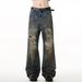 Men's Distressed Vintage Washed Jeans - Post-Apocalyptic Streetwear Denim Pants With Ripped Details, Loose Fit Vibe Casual Trousers_mkmklike.com