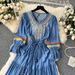 ELLE ELLE Denim For Women, Autumn New Heavy Embroidery Ethnic Style Waist-Cinching Dress, Slimming And Elegant Long Dress_mkmklike.com
