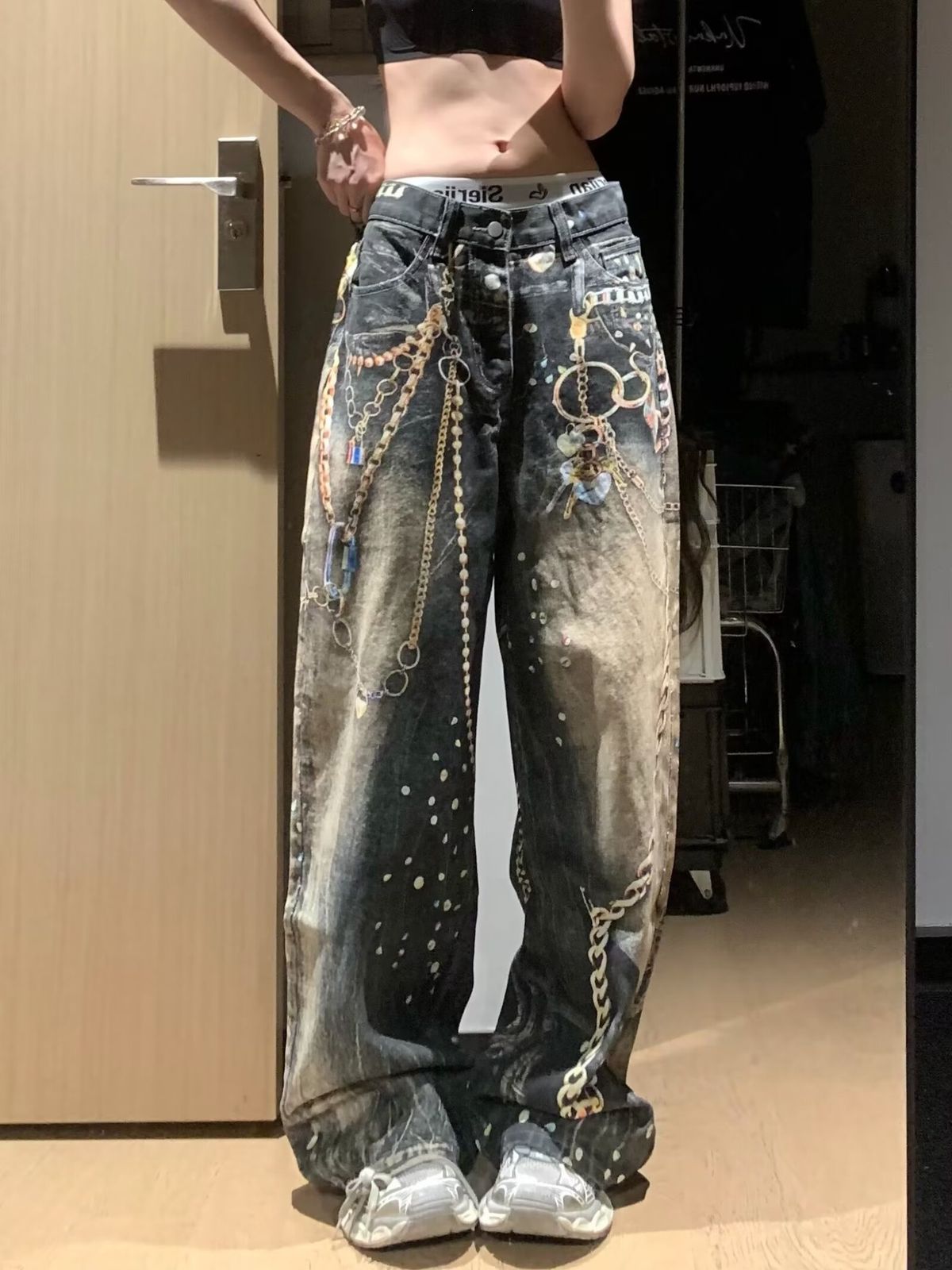 Retro 3d Chain Print Jeans – Oversized Streetwear Denim Pants For Men & Women (S-3xl) Relaxed Fit Unisex Appeal_mkmklike.com