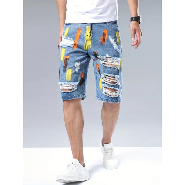Men's Denim Shorts With Holes, Randomly Painted Men's Mid Length Shorts, Multi Craft Shorts, Straight Leg Worn-out Men's Pants_mkmklike.com