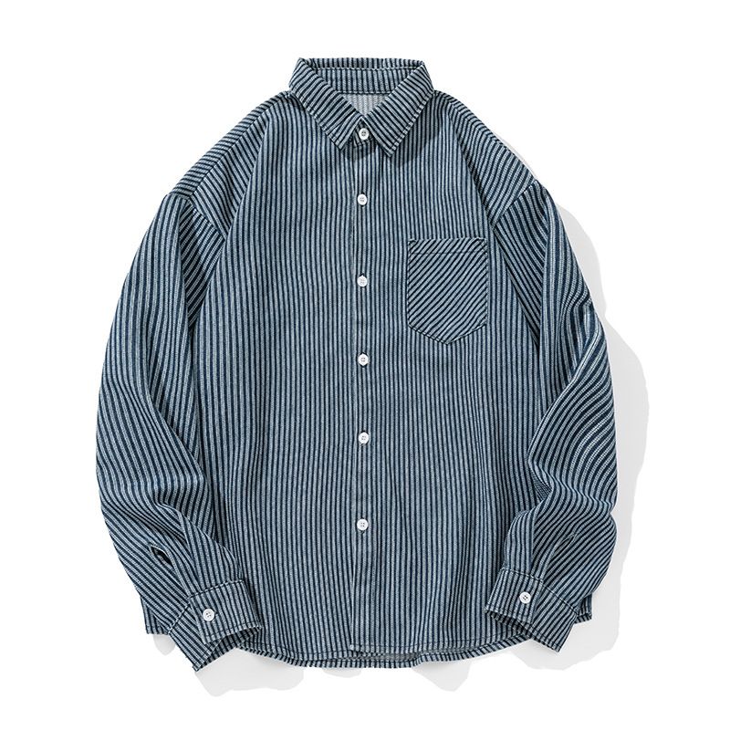 Men's Clothing Retro Denim Striped Long Sleeved Shirt Men's Spring New Twill Pocket Loose Shirt Jacket_mkmklike.com