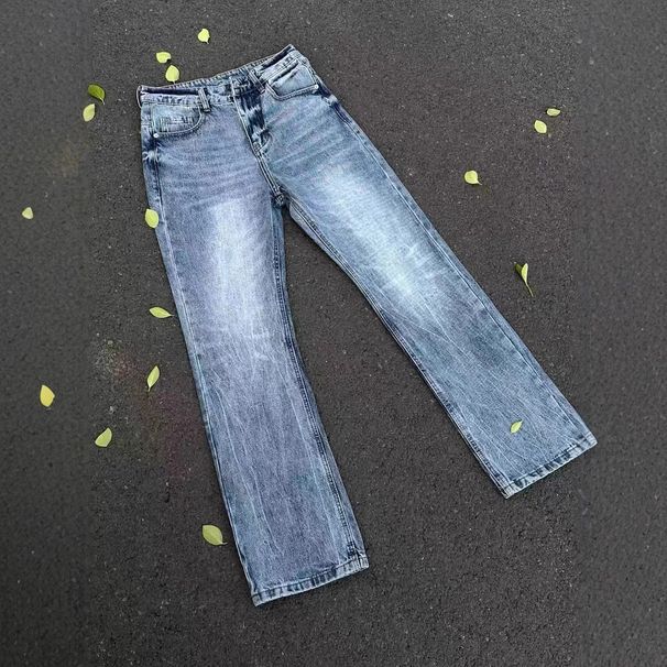 Men's Ice Blue Distressed Jeans - Cracked Wash Straight-Leg Denim Pants (Light Blue, S-XXL)_mkmklike.com