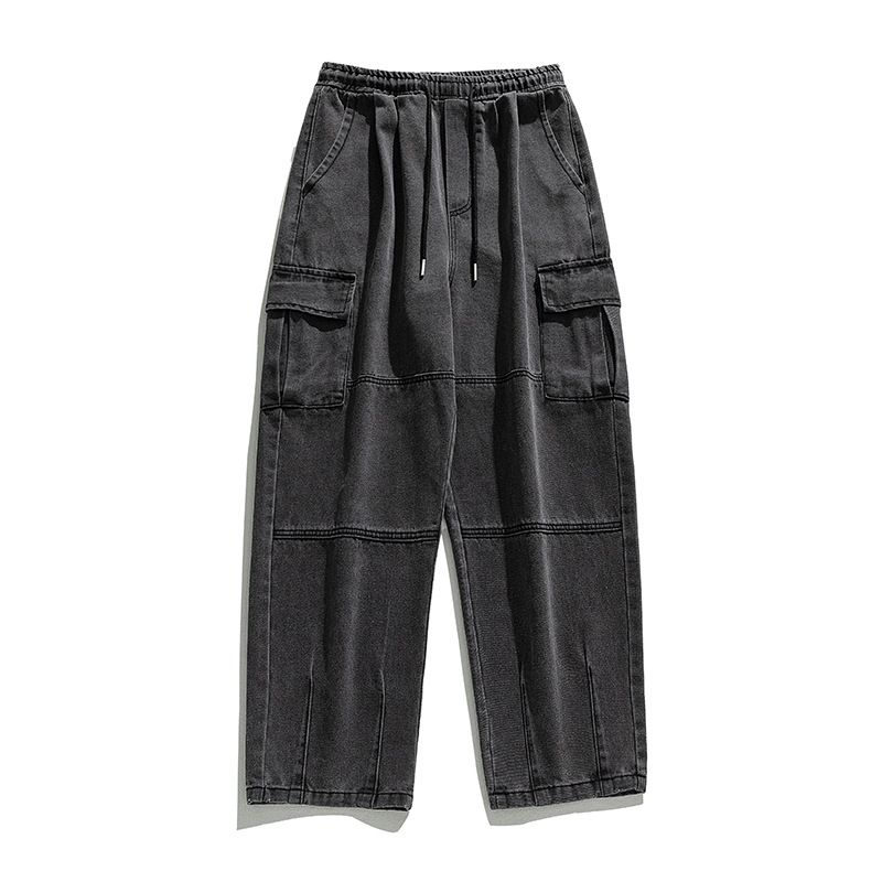 Men's Clothing Double Stereo Pocket Jeans Retro Washed Splicing Straight Loose Trousers_mkmklike.com