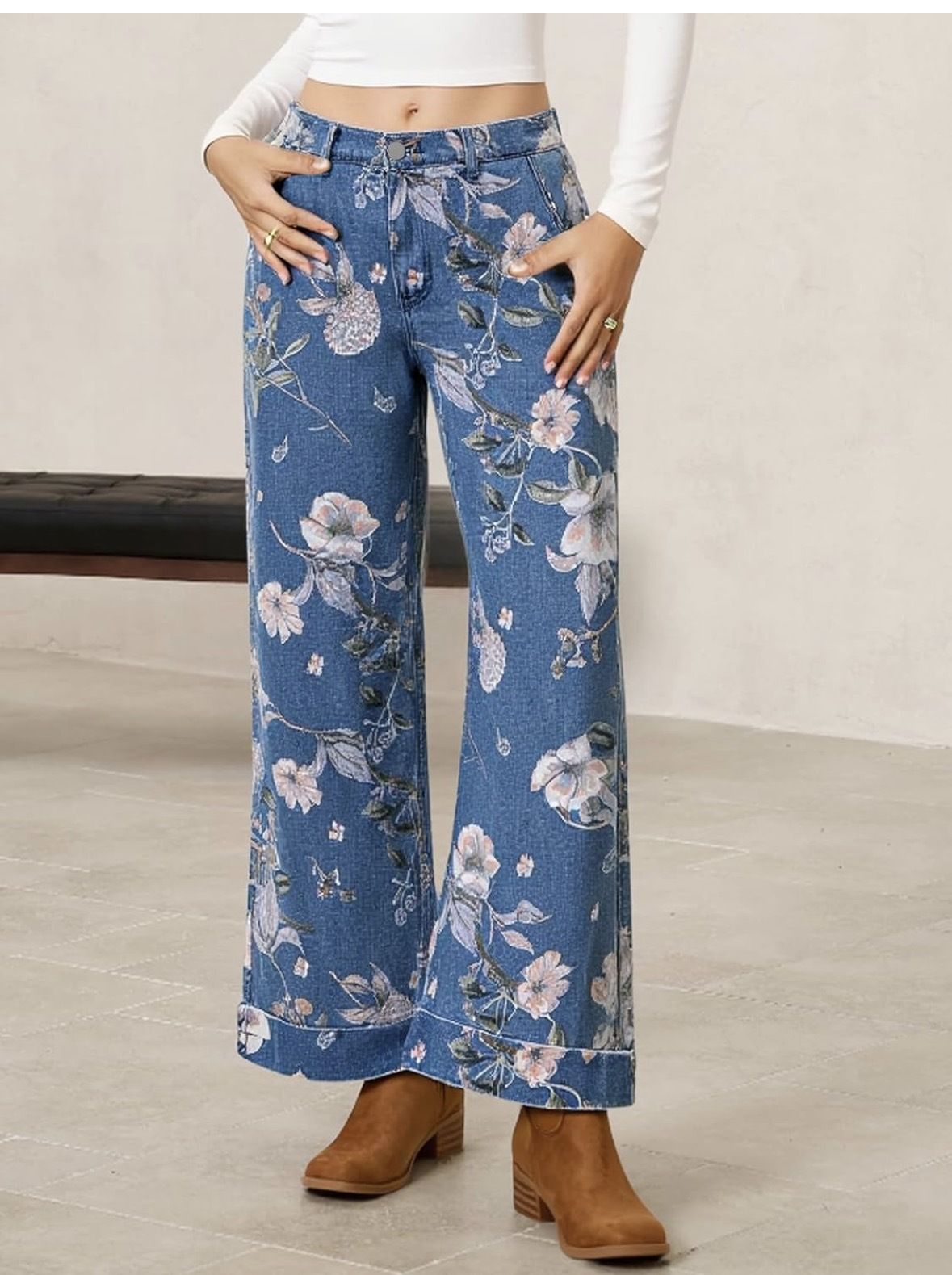 European And American Style Women's mid Waist Wide Leg Jeans Loose Floral Cropped Pants Bohemian_mkmklike.com