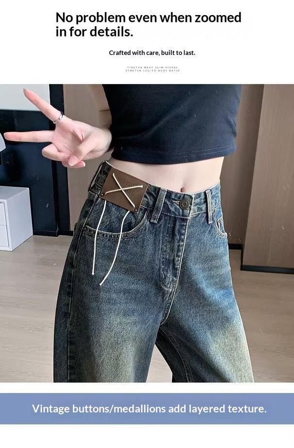 Vintage Straight-Leg Jeans Women, Autumn And Winter New High-Waisted Loose Wide-Leg For Slightly Chubby Pear-Shaped_mkmklike.com