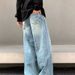 Light Blue Denim Jeans For Men Retro Washed Distressed Straight Leg Loose Wide Leg_mkmklike.com