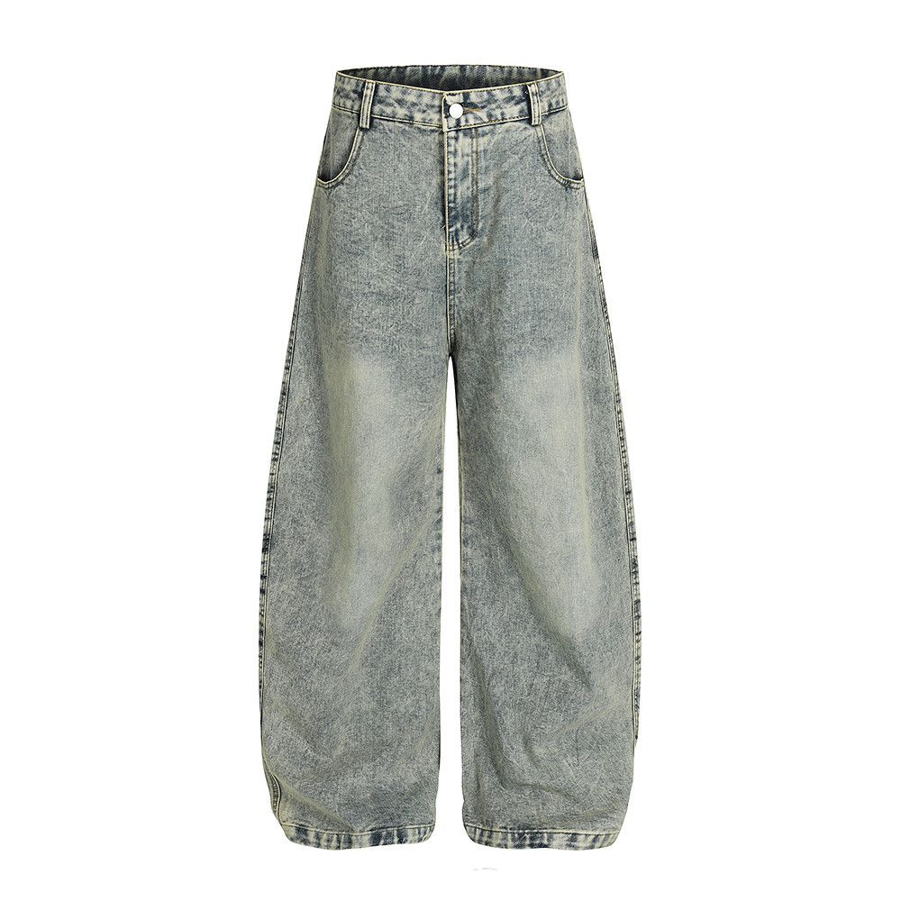 Vintage Washed Plaid Patchwork Scimitar Jeans Men's Trendy Hip-Hop Design Sense Personality Oversized Wide-Leg Pants_mkmklike.com