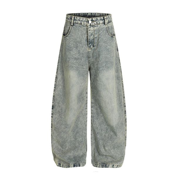 Vintage Washed Plaid Patchwork Scimitar Jeans Men's Trendy Hip-Hop Design Sense Personality Oversized Wide-Leg Pants_mkmklike.com