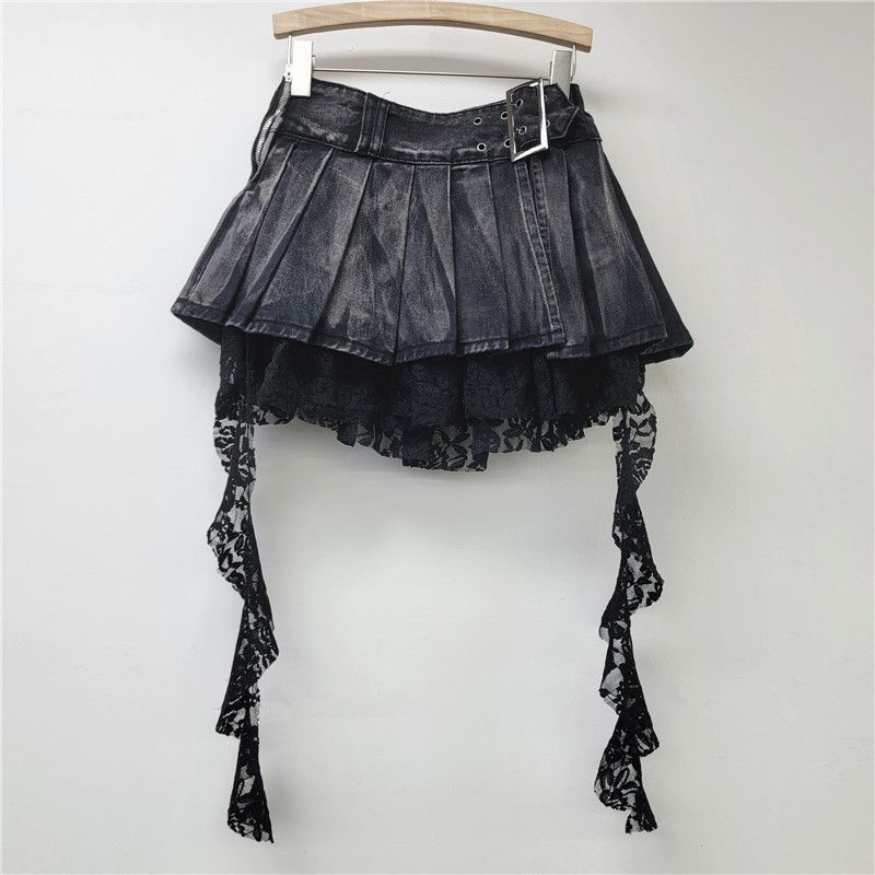 Denim Skirt Women 2025 Spring And Summer American Punk Irregular Lace Splicing Design Slim A Line Skirt Trend_mkmklike.com